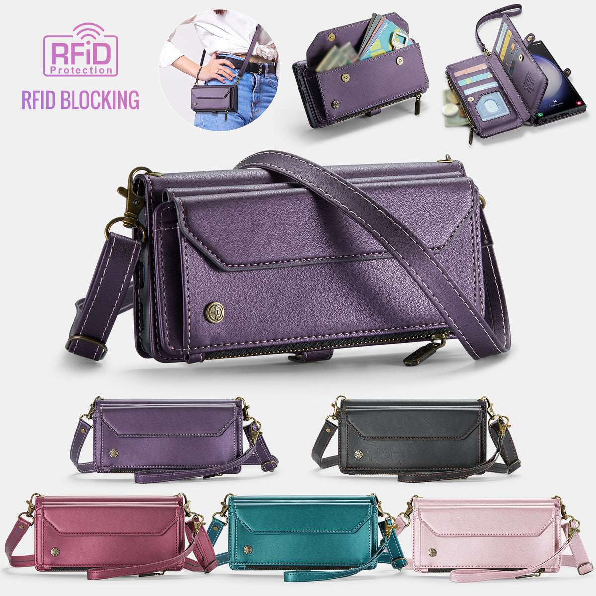 Pochette portefeuille bandoulière RFID pour téléphone